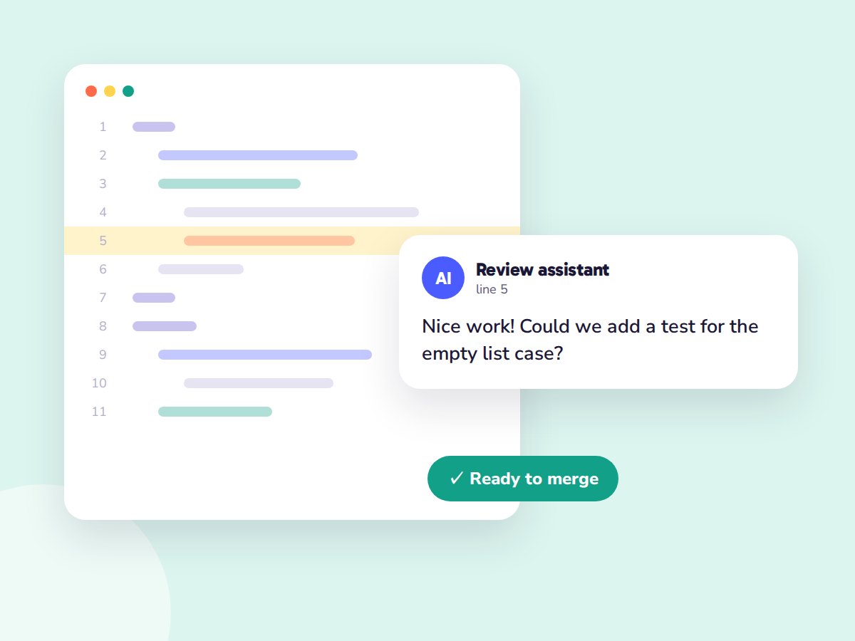 Illustration of a code editor with a friendly automated review comment